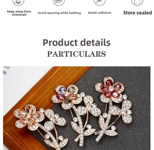Macro detail of elegant crystal flower brooch with rhinestone petals and pin back