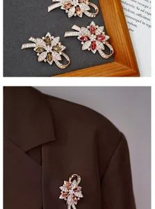 Detail of vintage flower brooches with colorful crystals on a suit lapel and tray