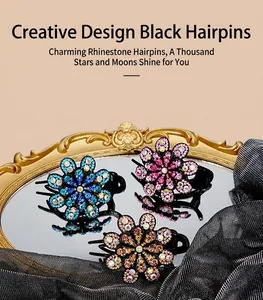 Detailed macro view of elegant floral hair claws with colorful sparkling rhinestones