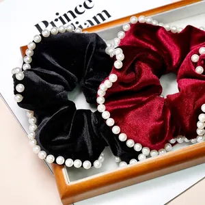 Vintage Velvet Artificial Pearl Edge Scrunchie Elegant Large Hair Ring For Women French Style Versatile Fashion Hair Accessories