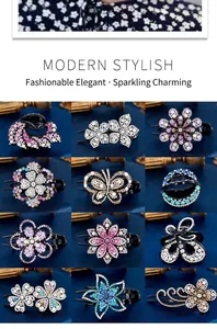 Detail view of various rhinestone hair clips in butterfly and floral shapes on blue silk