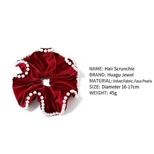 Elegant wine red velvet scrunchie with white pearl trim decoration, 16-17cm diameter