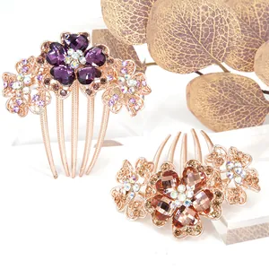 Vintage Alloy Crystal Flower Hair Comb Rose Gold Plated Heart Rhinestone Hair Insert Clip For Wedding Party Women Hair Accessories