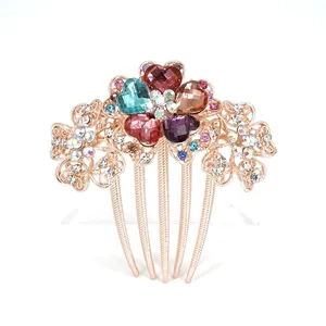 Vintage bridal hair comb with multicolored heart crystals and rose gold plated alloy