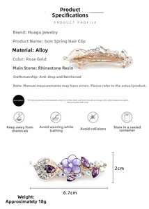 Détails de la barrette à fleurs de 6,7cm avec résille violette et strass brillants