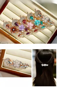 Détail de pinces à cheveux fleurs vintage avec cristaux et pétales de soie colorés