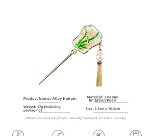 Detail of Chinese fan hair stick with pink flower, gold tassels, and white pearls