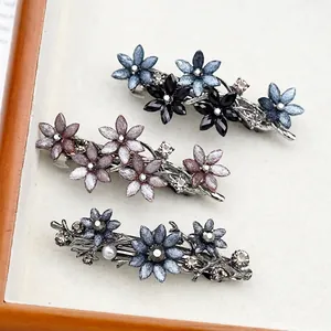 Vintage Legierung Blumen Haarklammer Eleganter Strass Kunstperle Federclip Barrette Damen Französischer Stil Haarschmuck