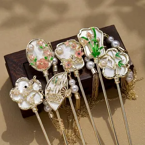 New Chinese Style Alloy Floral Hair Stick Elegant Vintage Hairpin With Long Tassel Simulated Artificial Pearl For Hanfu Women Jewelry