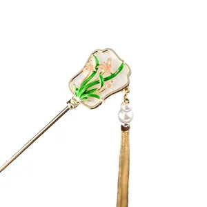 Elegant Chinese hair stick with floral enamel, pearl pendants and long gold tassels