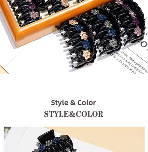Detail of elegant black acrylic hair claw clips featuring colorful rhinestone flower patterns