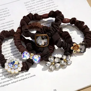 Korean Style Elegant Crystal Flower Scrunchies High Elastic Hair Ties With Artificial Pearl Rhinestone Bow Cloth Hair Rope For Women