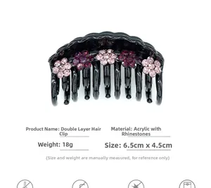 Detail view of acrylic hair claw with pink rhinestone flowers and 6.5cm size measurement