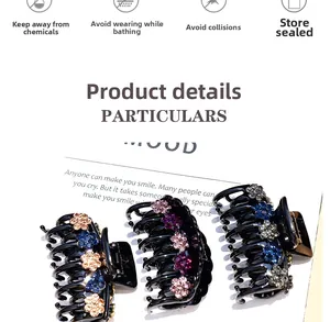Detail of acrylic hair claws with rhinestone floral accents and maintenance tips