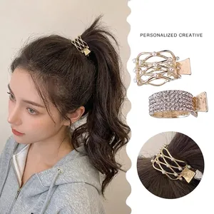 Golden metal hair claw clip for high ponytail with rhinestones and faux pearls