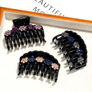 Vintage Acrylic Rhinestone Flower Hair Claw Clip Elegant Black Double Layer Hairpin For Women Fashion Hair Accessories