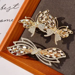 Luxury Alloy Zirconia Butterfly Hair Clip Gold Rhinestone Spring Clip Elegant Bowknot Ponytail Half Clip Women Jewelry