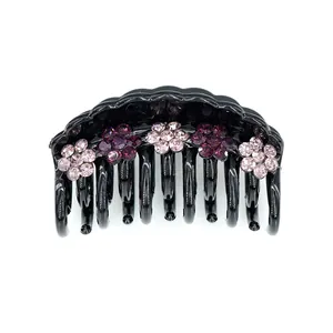 Elegant black acrylic hair claw clip with pink and purple rhinestone flowers