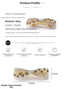 Detail of 8.6cm golden bow spring clip with rhinestones and alloy size parameters