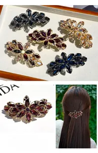 Detailed macro view of vintage crystal floral spring hair clips in various color options