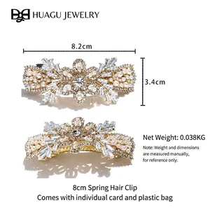 Luxury zircon flower hair clip with pearls and crystals on a golden alloy spring bar