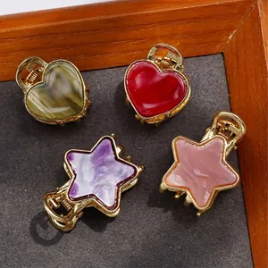Vintage Star Heart Marble Acetate Small Hair Claw Clips Gold Alloy Metal Hairpins Elegant Side Clips For Girls Women