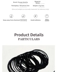 Macro view of 100 black nylon hair ties with high elasticity and 51g box specifications