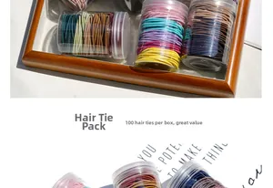 Jar of 100 multi-colored elastic hair ties in a clear container on a wooden tray