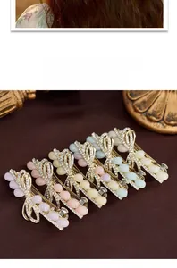 Détail de barrettes élégantes en alliage avec strass brillants et pierres colorées