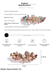 Detail view of rose gold plated spring clips with crystals and dimensions