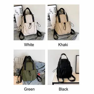 Collage of nylon drawstring backpacks in white, khaki, green and black color options