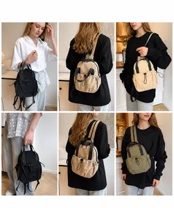 Detailed views of multi-color nylon backpacks with adjustable side drawstrings and top handles
