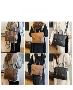 Detail showing vintage multi-functional leather handbag worn as a backpack and shoulder bag
