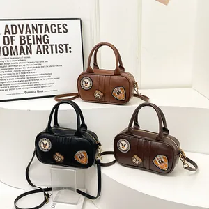 Retro Boston shoulder bags with vintage embroidery in black, brown, and coffee leather