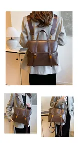 Detail view of coffee brown retro backpack featuring textured PU leather and versatile straps