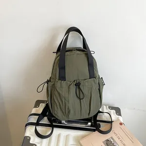 Women Pleated Nylon Backpack Large Capacity Lightweight Casual Travel Bag Drawstring School Computer Bag Fashion Solid Color