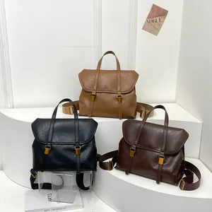 Retro large capacity women backpack handbag in black and brown leather colors
