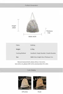 Spécifications détaillées du sac en tricot avec perles colorées et choix de couleurs