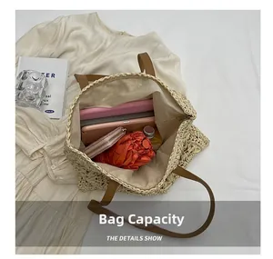 Top view of beige straw tote bag showing large capacity with umbrella and wallet