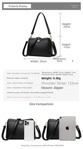 Detail showing structural dimensions and interior compartments of the black leather crossbody bag