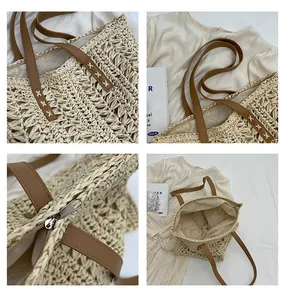Detailed views of woven straw tote bag featuring PU straps and metal zipper closure