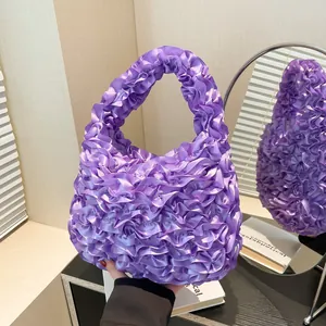 Women Ruffle Pleated Handbag Satin Texture Nylon Shoulder Bag Sweet Elegant Splicing Flower Tote Evening Party Handbag