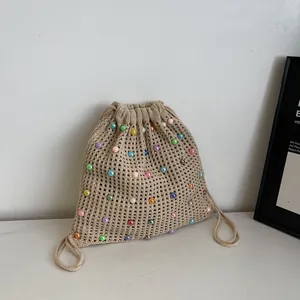 Women Korean Style Knitted Woven Backpack Colorful Beaded Hollow Out Drawstring Tote Bag For Summer Beach Vacation
