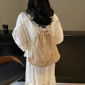 Beige hand-knitted drawstring backpack with colorful beads in casual Korean style