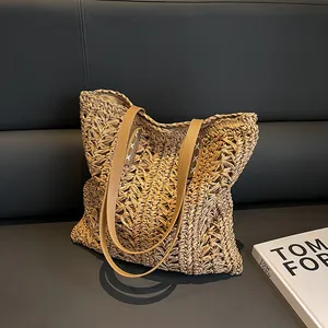 Women Straw Woven Tote Bag Hollow Out Large Capacity Summer Beach Vacation Handbag With PU Leather Strap Casual Shoulder Bag