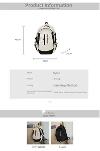 Vue détaillée du sac à dos en nylon résistant avec dimensions et logo imprimé