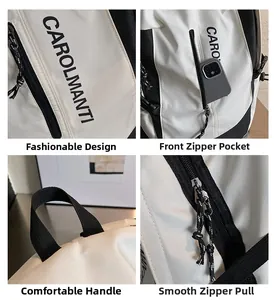 Vue détaillée du sac à dos noir et blanc stylé avec poche zippée et poignée souple