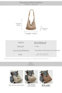 Detail specifications of straw knit tote bag with wooden bead handle and dimensions