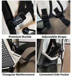 Détails du sac à dos: boucle, sangle réglable, coutures renforcées et poche filet latérale