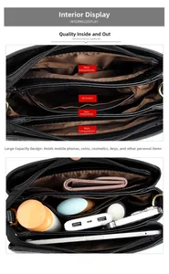 Detail view of large capacity black leather shoulder bag with multi-layer zipper compartments